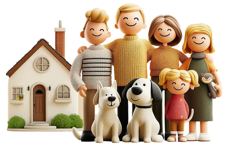 A happy family standing beside their cozy home